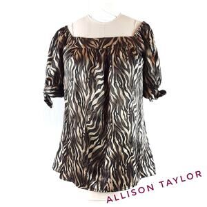 ALLISON TAYLOR Animal Print Short Sleeve Blouse Brown Loose Fitting Silky Sz S